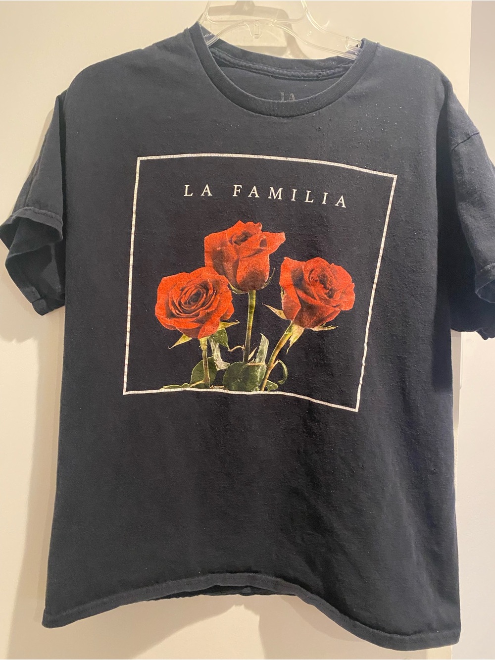 La Familia Black Short Sleeve Tee with Red Rose Graphic